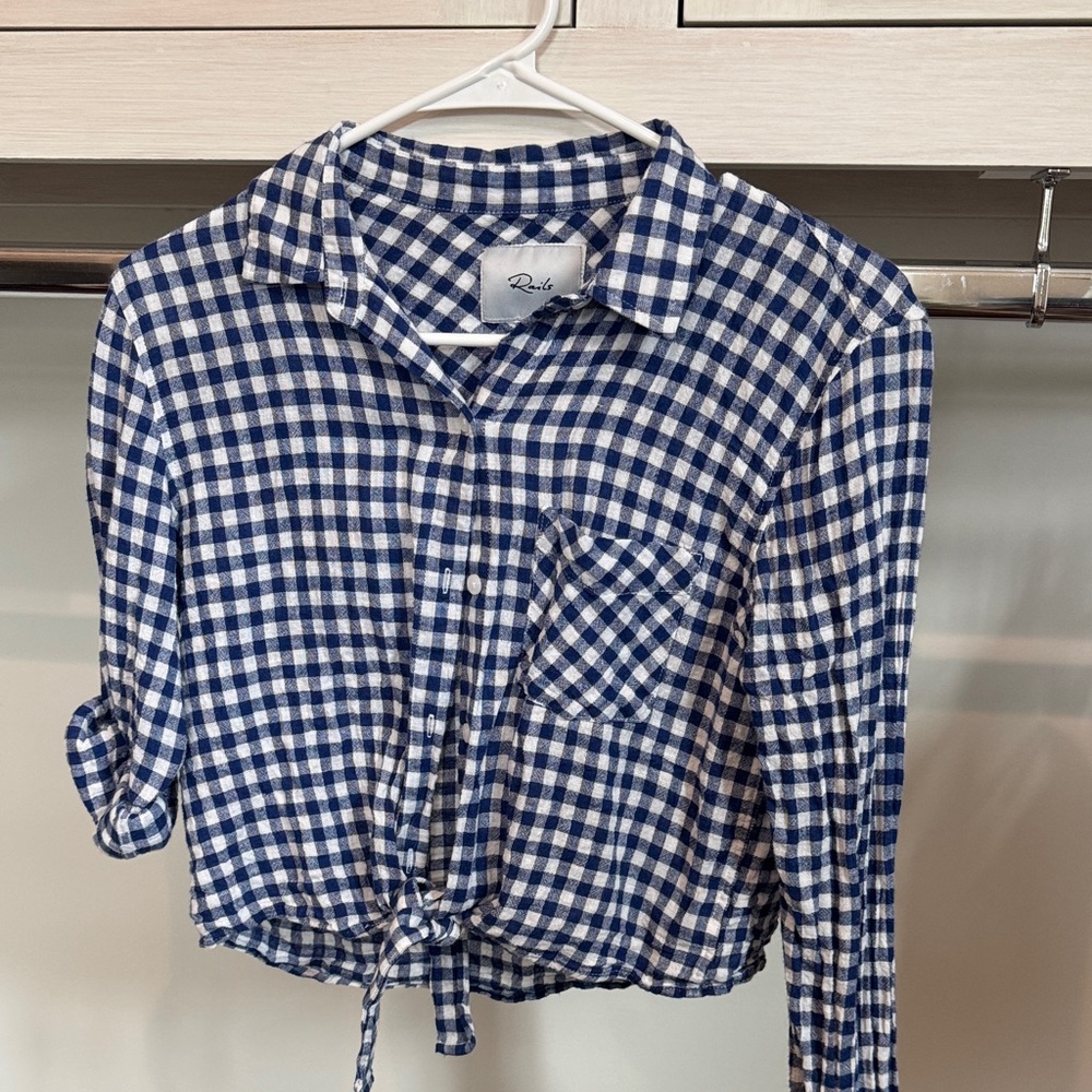 Rails Navy and White Gingham Tie-Hem Button Down Shirt